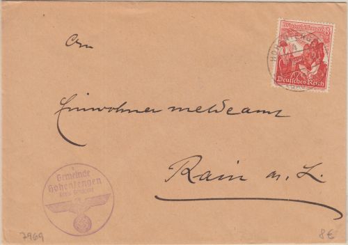 DR - 8 Pfg. WHW Geschäftspapiere PSt.I Hohentengen ü. Saulgau - Rain 1938