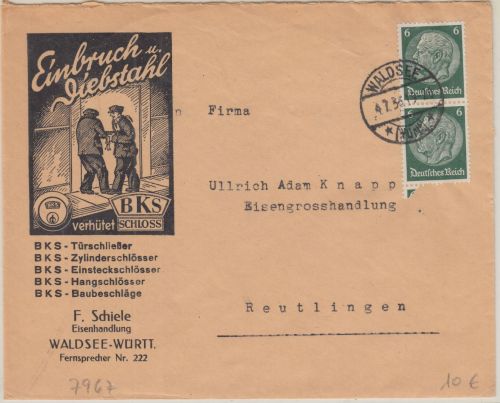 DR - Waldshut 1936 illustr. Firmenkuvert (Einbruch/Diebstahl) n. Reutlingen