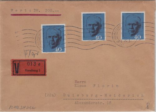 BRD - 3x40 Pfg. George Marshall (Marshallplan) Wertbrief Hamburg - Duisburg 1961