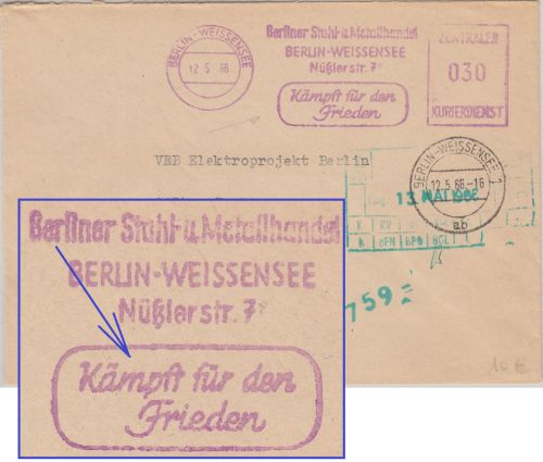 DDR - Berlin-Weissensee 1966 Kämpft für den Frieden 30 Pfg. AFS Ortsbrief