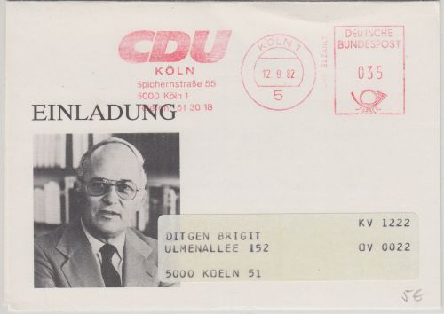 BRD - CDU Köln 35 Pfg. AFS Werbedrucksache/Barzel 1982