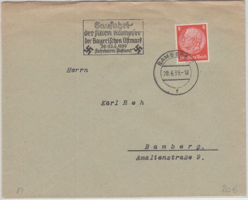 DR - Gaufahrt Alte Kämpfer Fahrbares Postamt Ortsbrief Bamberg 1939