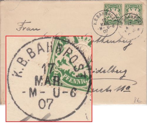 Bayern - K.B.Bahnpost M-U-6 K1 Brief München - Heidelberg 1907