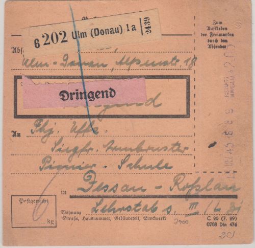 DR - Ulm 15.12.43 2,05 RM Registrierkassenstpl. Dringend-Paketkarte n. Dessau