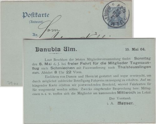 DR - 2 Pfg. Germania Ganzsache/A-Teil Zudruck "Danubia Ulm" Ulm Bahnhof 1905