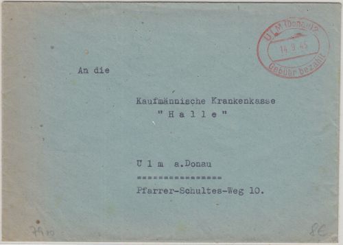 All.Bes. - Ulm (Donau) 2 Gebühr bezahlt 14.9.45 Ortsbrief