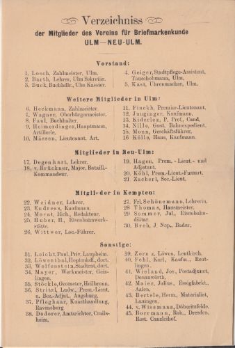 DR - Ulm/Neu-Ulm Mitgliederverzeichnis Verein f. Briefmarkenkunde 1891