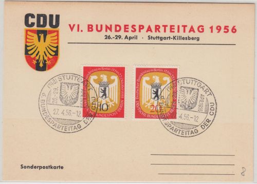 BRD - Stuttgart-Killesberg 1956 VI. Bundesparteitag d. CDU SST/Sonderkarte