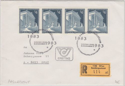 Österreich - 4x4 S. 100 J. Parlamentsgebäude Einschreibebrief/FDC ESST Wien 1983