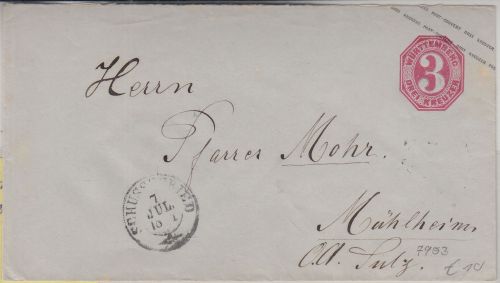 Württemberg - Schussenried 7. JUL 1871 3 Kr. Ganzsache/Brief n. Mühlheim/OA Sulz