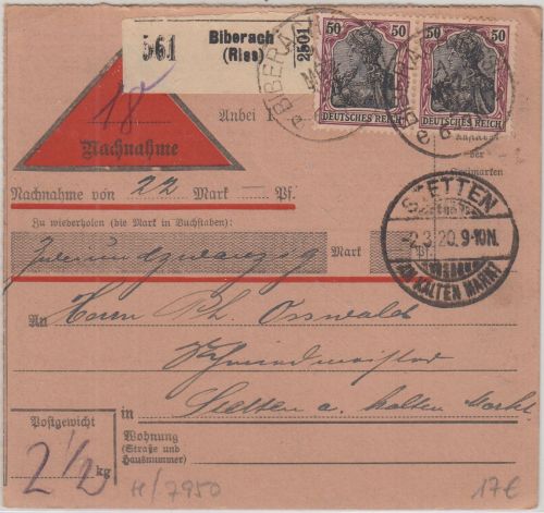 DR - 2x50 Pfg. Germania Nachnahme-Paketkarte Biberach (Riss) - Stetten 1920