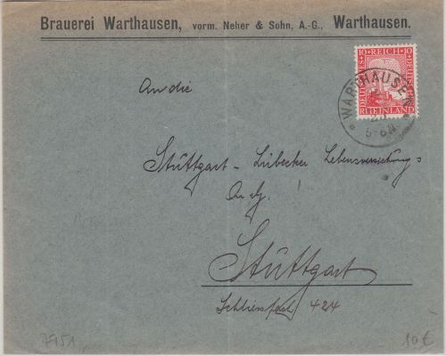 DR - Warthausen 18. DEZ 25 K1 Firmenbrief (Brauerei) n. Stuttgart