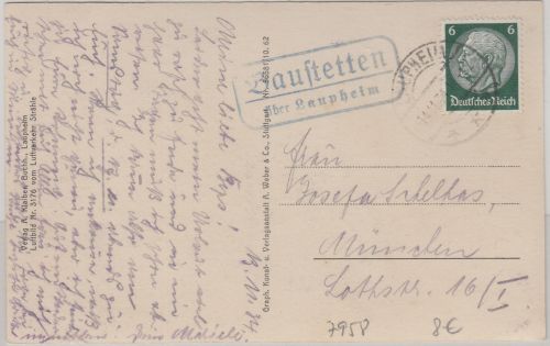 DR - Baustetten ü. Laupheim Landpost-Ra2 Karte n. München 1934