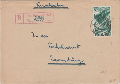 FZ/Württ. - 84 Pfg. Freimarke Einschreibebrief Biberach - Ravensburg 1948