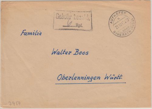 FZ - Aufhofen ü. Biberach 21.10.47 Pst I Gebühr bezahlt Ra2 Drucksache