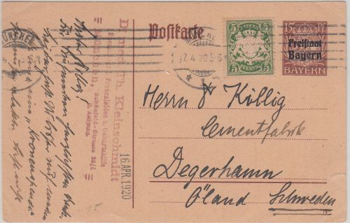 Bayern - 15 Pfg. Hupp/Freistaat Ganszache + 5 Pfg. Wappen n. SCHWEDEN 17.4.20