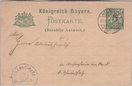 Bayern - Neumark (Pommern) 1900 Fremdentwertung 5 Pfg. Rauten Ganzsache A-Teil