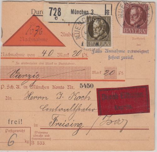 Bayern - 50+40 Pfg. Ludwig Nachnahme-Eilpaketkarte München 3 - Freising 1917