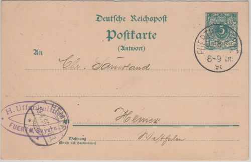 DR - Fuerth i. Bayern 2 1896 Fremdentwertung 5 Pfg. K/A Ganzsache A-Teil