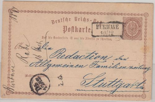 DR - Burhave 16/12 Ra2 1/2 Gr. Brustschild Ganzsache n. Stuttgart 1874