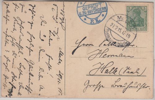 DR - Metz 3 Postsammelstelle 1915 seltener Tagesstpl. Neujahrskarte n. Halle