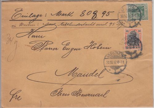 DR - 30+5 Pfg. Germania Wertbrief Kreuznach - Mandel 1912