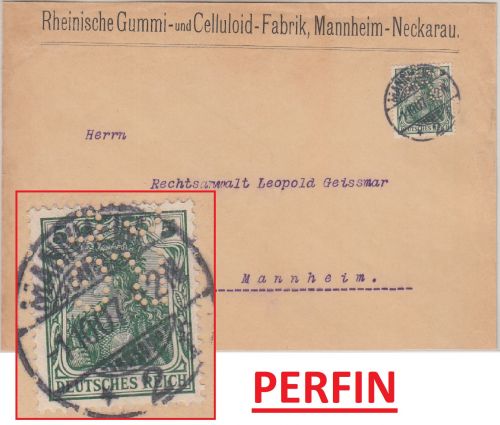 DR - 5 Pfg. Germania Perfin "R.G.C.F." Ortsbrief Mannheim 1907