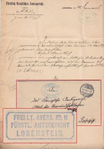 DR - Frei lt. Avers No.11 Dienstbrief Lobenstein (Reuss) - Leipzig 1908