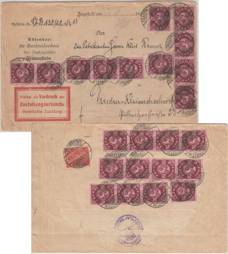 DR-Infla - 23x3+1 M. Ziffer Dienst-Zustellurkunde Frauenstein - Dresden 1923