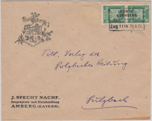 DR - Furth Nürnberg Zug 1114 Bahnpost-Ra4 Firmenbrief Amberg - Sulzbach 1924