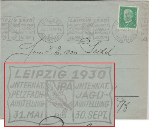DR - Leipzig 1930 Int. Jagd- u. Pelzfach-Ausstellung Masch.werbestpl. Drucksache