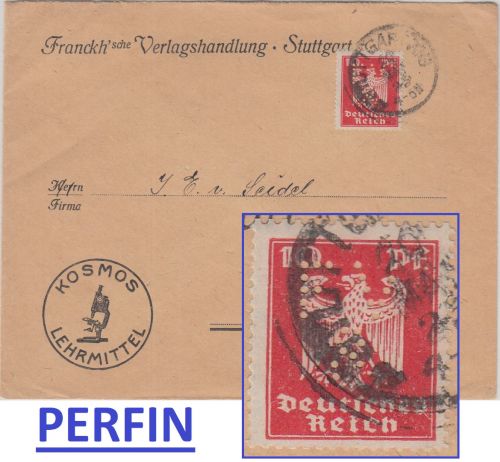 DR - 10 Pfg. Adler Perfin "FVS" Brief Stuttgart - Sulzbach 1925