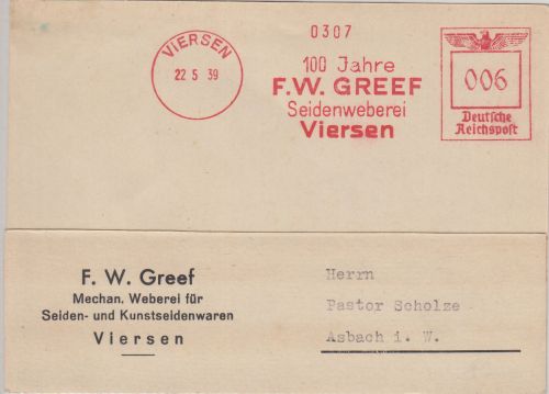 DR - Viersen 1939 100 J. Greef Seidenweberei 6 Pfg. AFS Karte n. Asbach