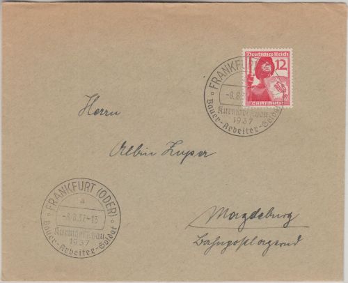 DR - Frankfurt (Oder) Kurmarkschau Bauer Arbeiter Soldat SST Brief 1937