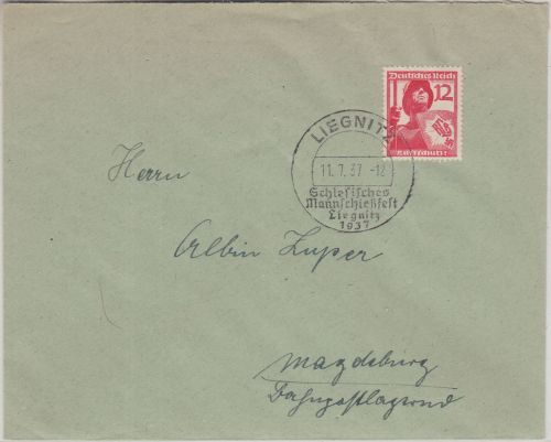 DR - Liegnitz Schlesisches Mannschießfest SST Brief n. Magdeburg 1937