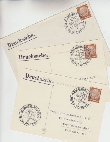 DR - Berlin Fahrbares Postamt Tag d. Briefmarke 1938 3 versch. SST Drucksachen