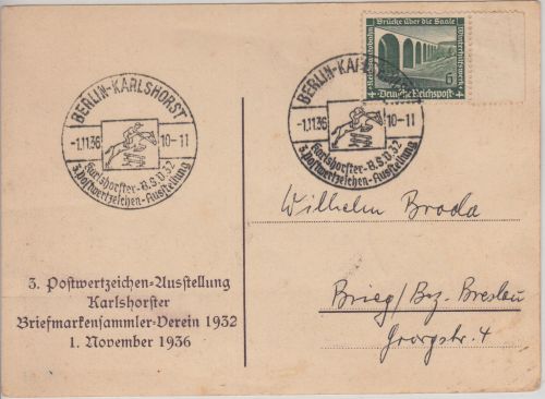 DR - Berlin-Karlshorst 3. PWZ-Ausstellung SST Sonderkarte n. Brieg 1936