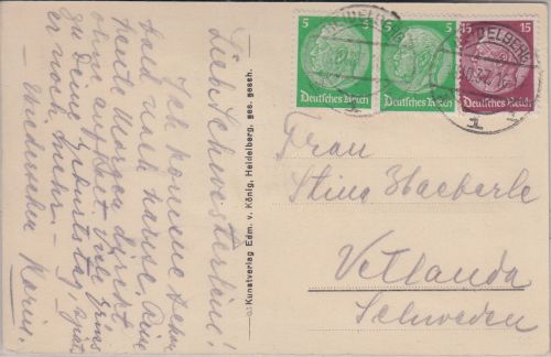 DR - 15+2x5 Pfg. Hindenburg Leporello (Brieftarif !) n. SCHWEDEN Heidelberg 1937