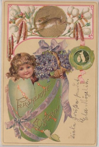 Glückwunsch - Ostern Hase Ei Kind Palmkätzchen farb. Prägekarte gelaufen 1902