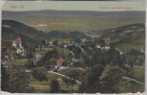 Schlesien - Hain i. Riesengebirge farb. Ortsansicht gelaufen 1908
