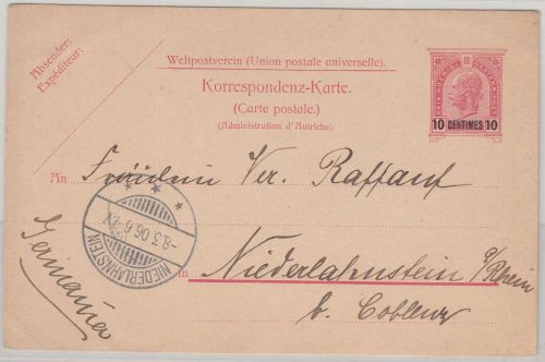 Österreich/Levante - 10C./10 H. Ganzsache Cania - Niederlahnstein 1906