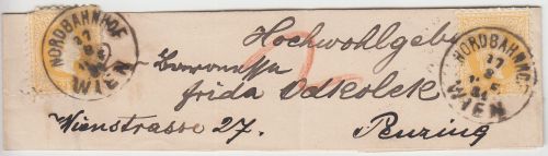 Österreich - 2x2 Kr. Franz-Joseph Streifband/2.Gew.stufe Wien Nordbahnhof 1881
