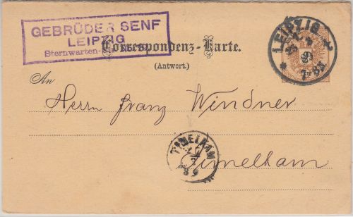 Österreich - 2 Kr. Ganzsache/A-Teil Leipzig (Gebr. Senf !) - Timelkam 1889