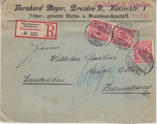 DR - 3x10 Pfg. Krone/Adler Einschreibebrief Oberlössnitz-Radebeul 1896