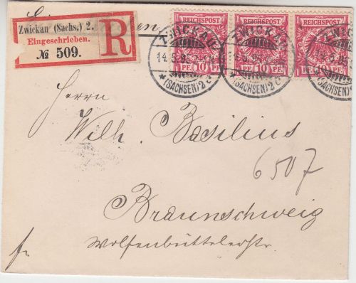 DR - 3x10 Pfg. Krone/Adler Einschreibebrief Zwickau 2 - Braunschweig 1895