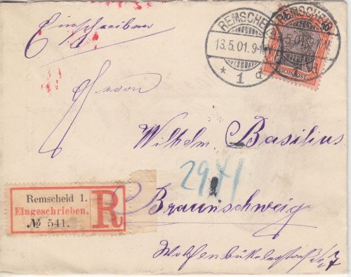 DR - 30 Pfg. Germania/Reichspost Einschreibebrief Remscheid - Braunschweig 1901