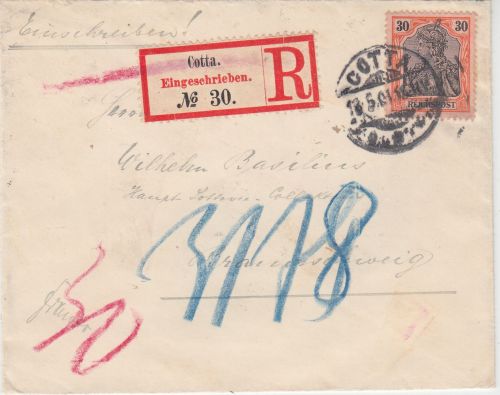 DR - 30 Pfg. Germania/Reichspost Einschreibebrief Cotta - Braunschweig 1901
