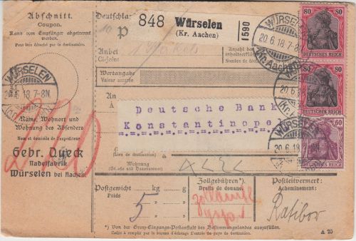 DR - 2x80+60 Pfg. Germania Paketkarte i.d. TÜRKEI Würselen - Konstantinopel 1918