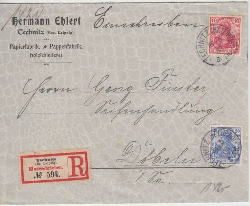DR - 10+20 Pfg. Germania o.Wz. Einschreibebrief Technitz - Döbeln 1903