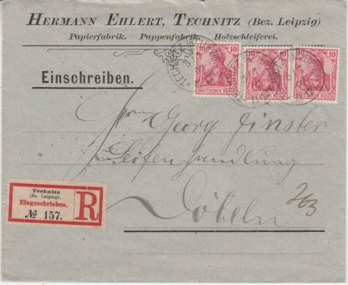 DR - 3x10 Pfg. Germania o.Wz. Einschreibebrief Technitz - Döbeln 1902